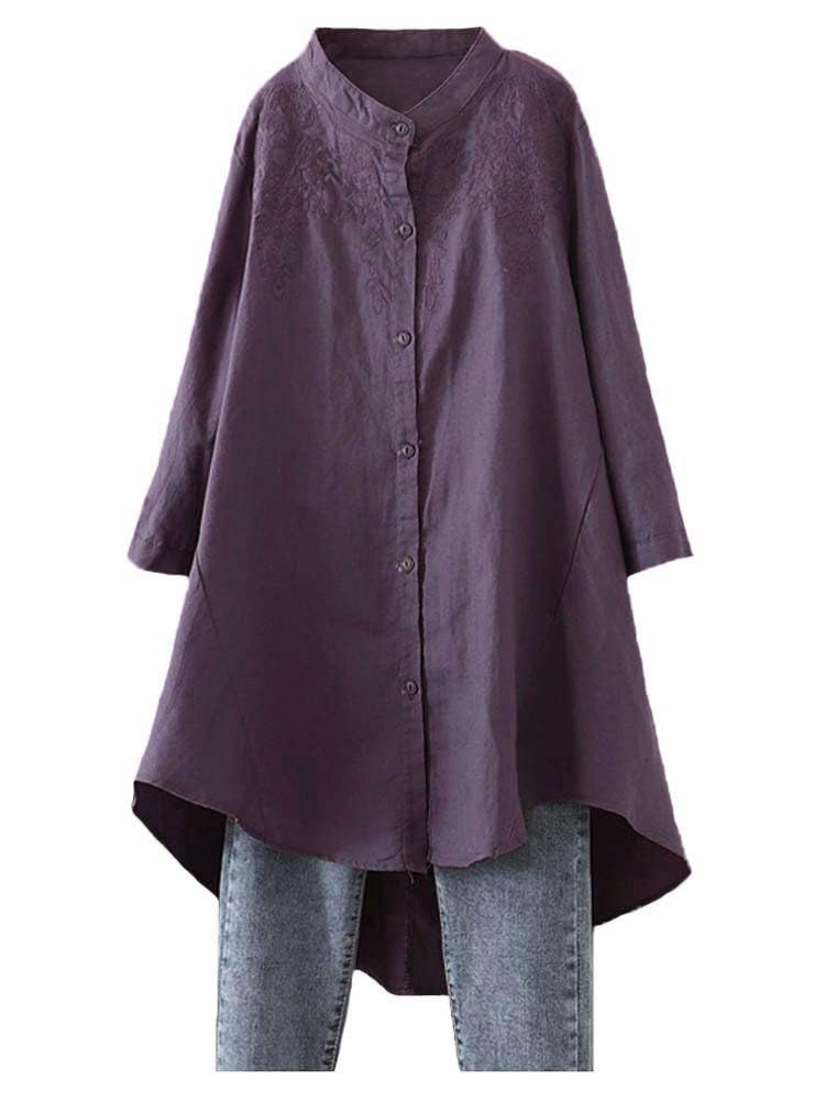 Minibee Women's Cotton Linen Shirt High Low Button Down Embroidered Blouse Long Sleeve Tunic Tops Purple M - Image 1